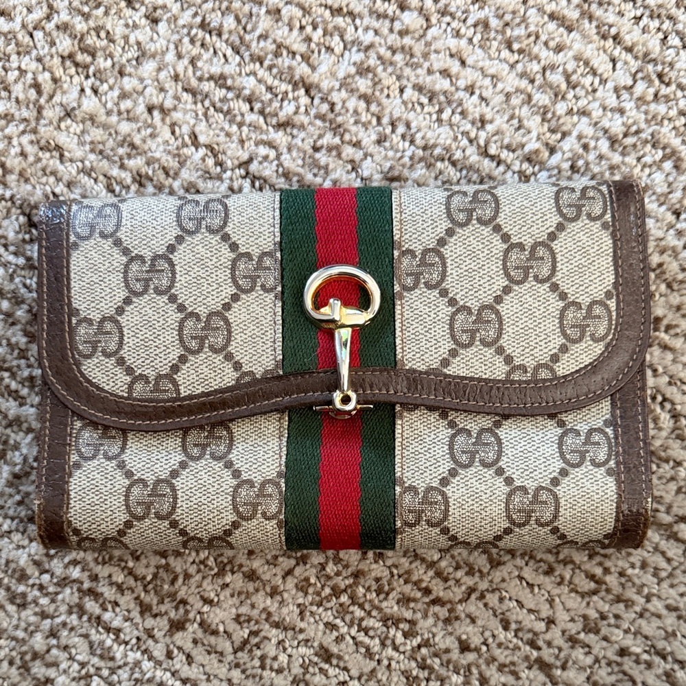 Gucci Brown GG Canvas Continental Wallet with Red & Green Web and Gold Hardware